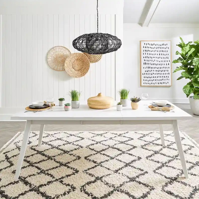 Set da pranzo rettangolare per 7 persone, bianco e nero, stile rustico