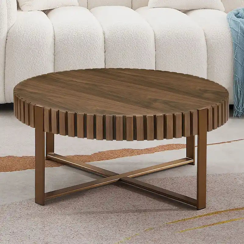 Tavolino rotondo con rilievo in legno e base in metallo