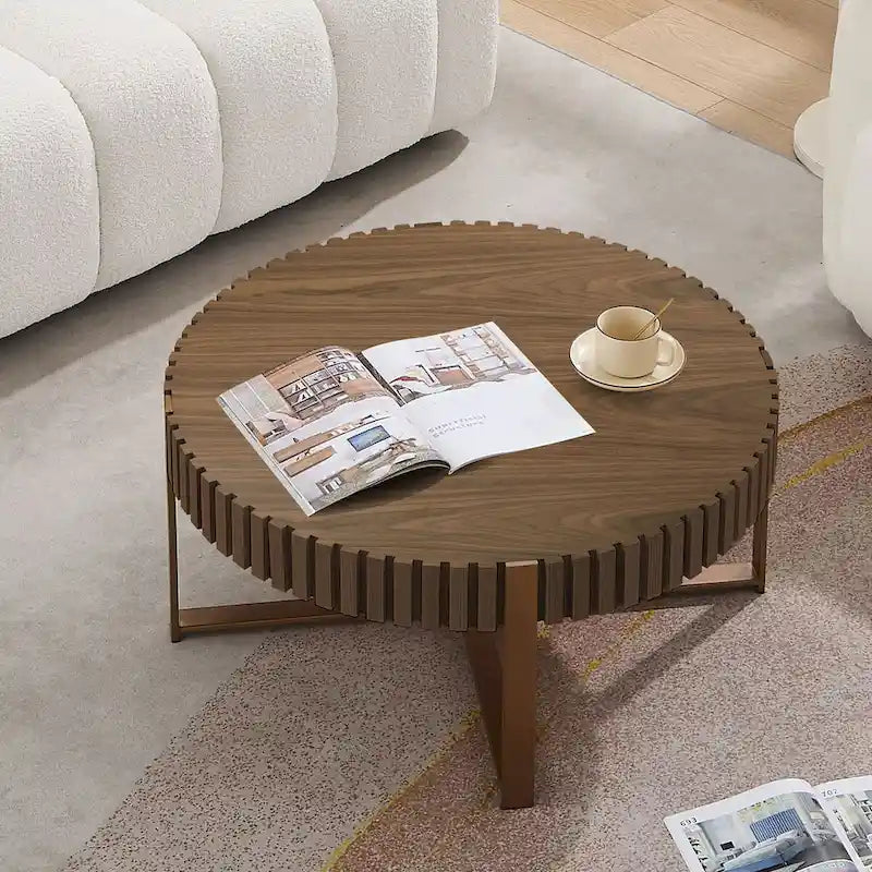 Tavolino rotondo con rilievo in legno e base in metallo