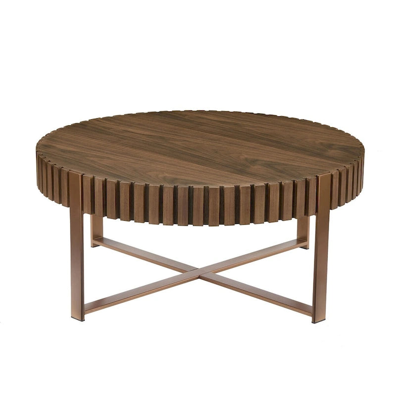 Tavolino rotondo con rilievo in legno e base in metallo