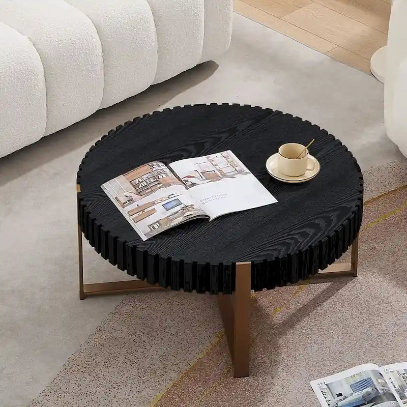 Tavolino rotondo con rilievo in legno e base in metallo