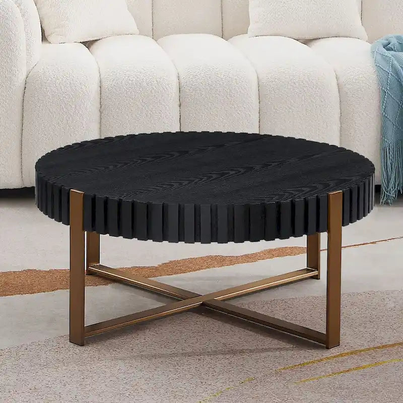Tavolino rotondo con rilievo in legno e base in metallo