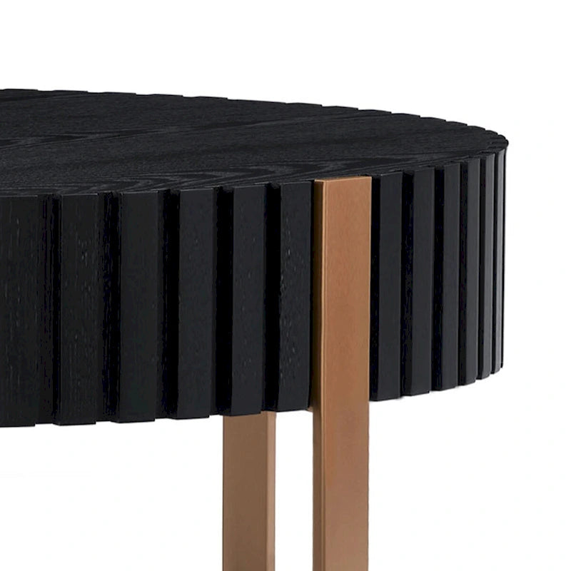 Tavolino rotondo con rilievo in legno e base in metallo