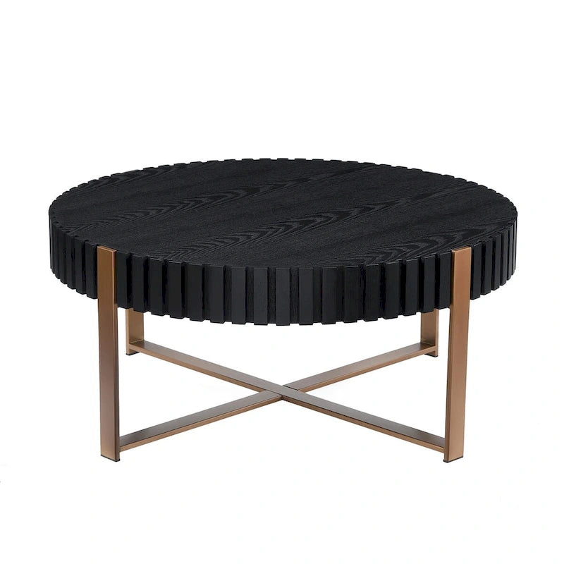Tavolino rotondo con rilievo in legno e base in metallo
