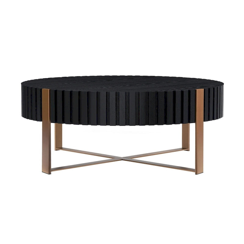 Tavolino rotondo con rilievo in legno e base in metallo