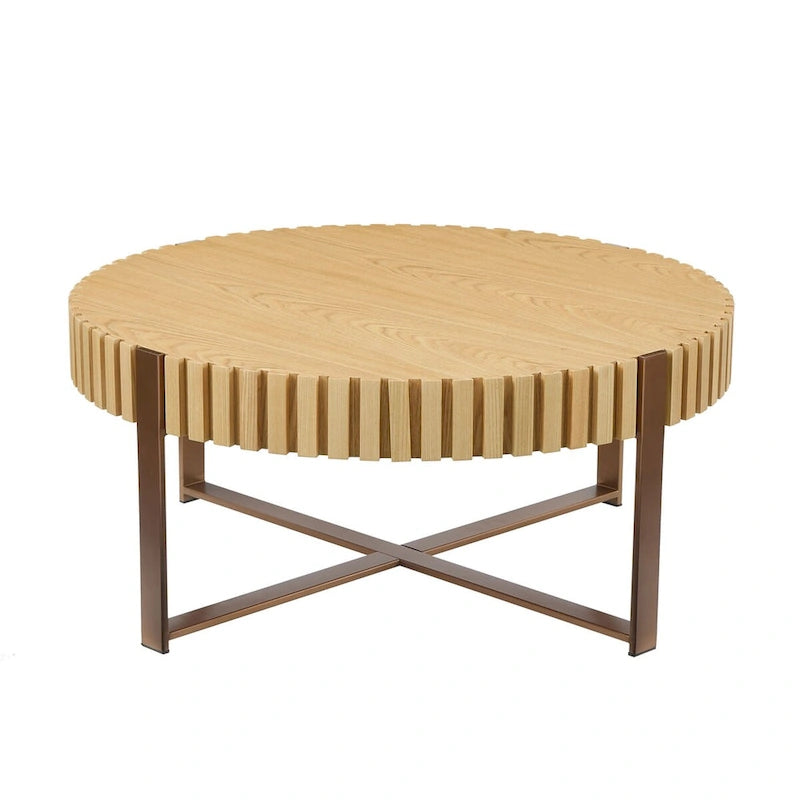 Tavolino rotondo con rilievo in legno e base in metallo