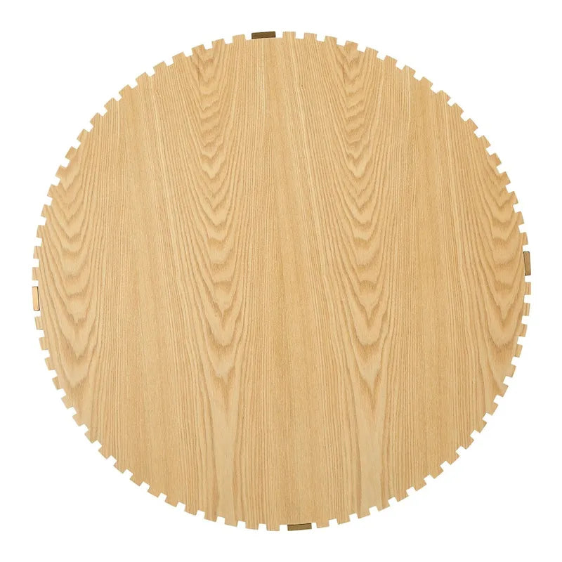 Tavolino rotondo con rilievo in legno e base in metallo