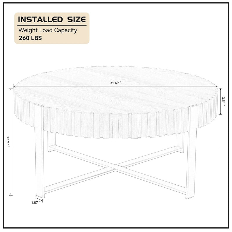 Tavolino rotondo con rilievo in legno e base in metallo