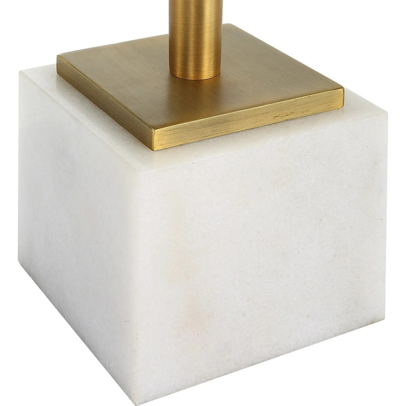 Tavolino Laterale in Vetro Temperato e Ferro Dorato con Base in Marmo Bianco Massiccio