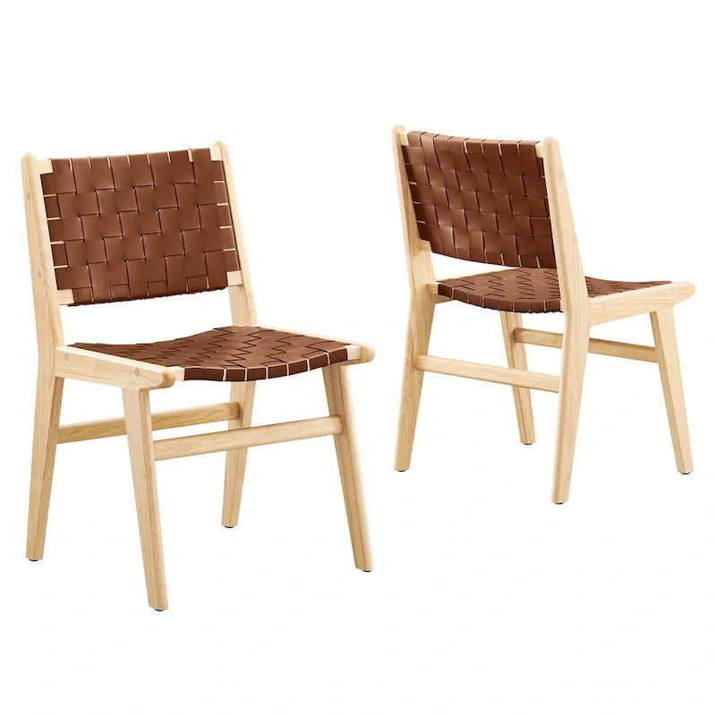 Sedia da pranzo in similpelle intrecciata naturale/noce, set da 2