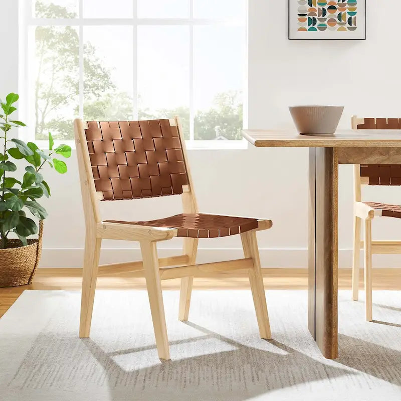 Sedia da pranzo in similpelle intrecciata naturale/noce, set da 2