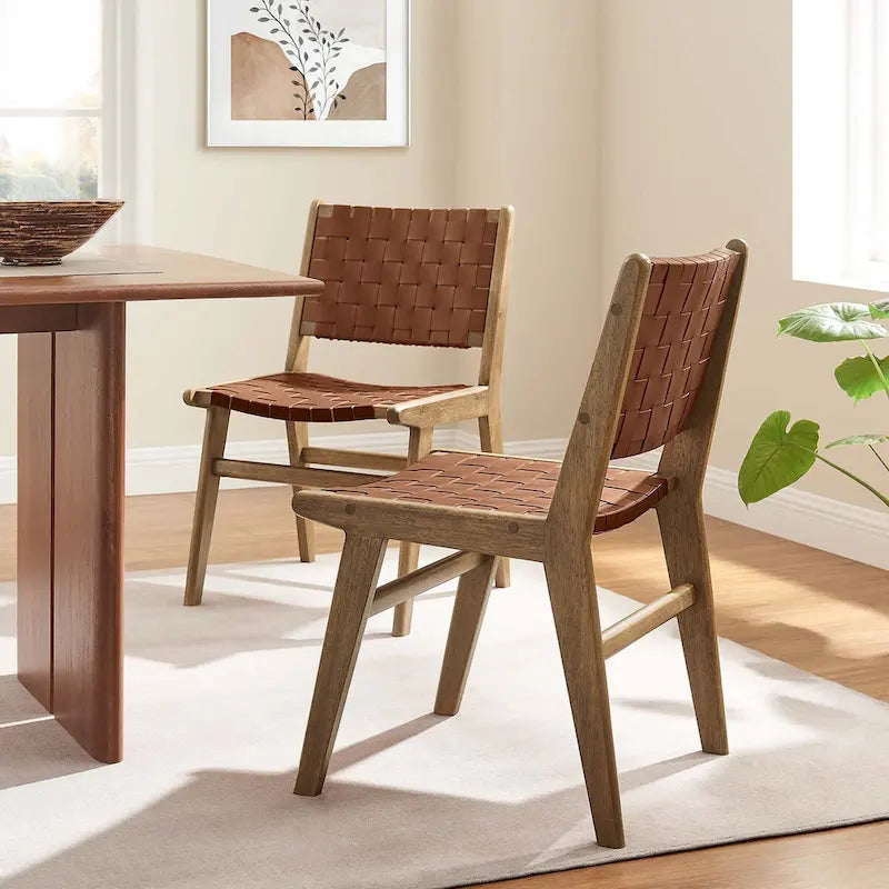 Sedia da pranzo in similpelle intrecciata naturale/noce, set da 2
