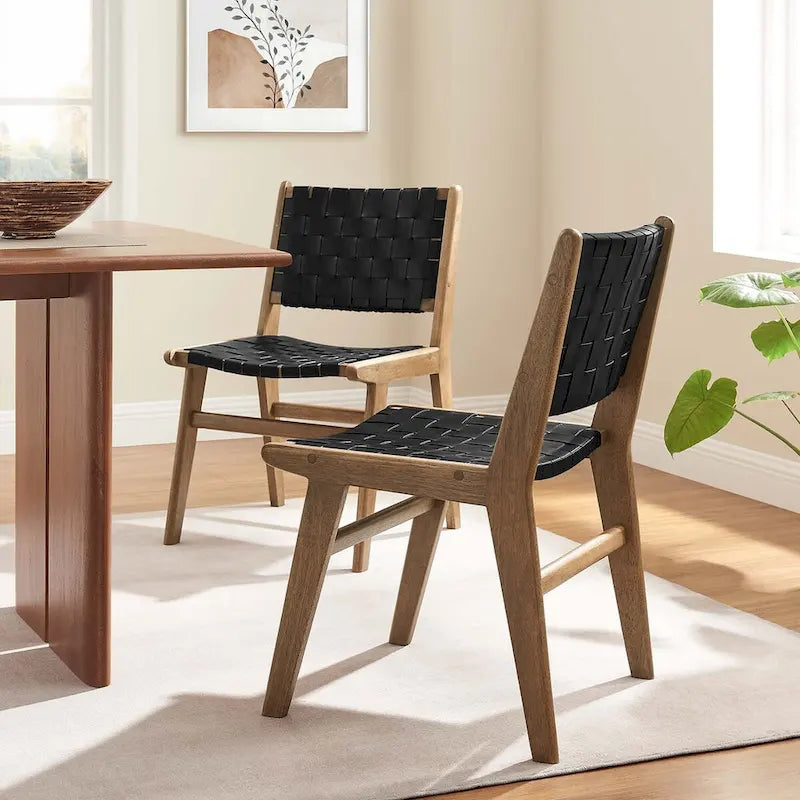 Sedia da pranzo in similpelle intrecciata naturale/noce, set da 2