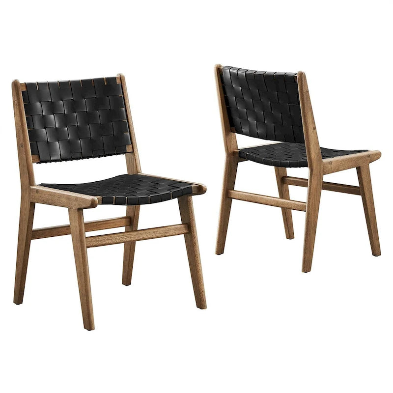 Sedia da pranzo in similpelle intrecciata naturale/noce, set da 2