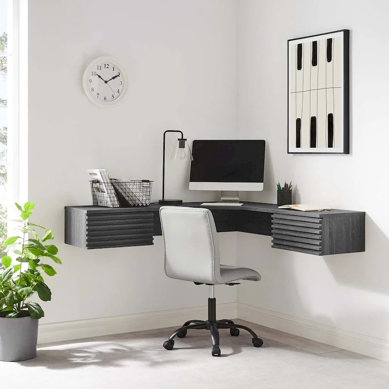 Scrivania ad angolo a parete per ufficio, 1 persona, color Carbone / Rovere / Noce
