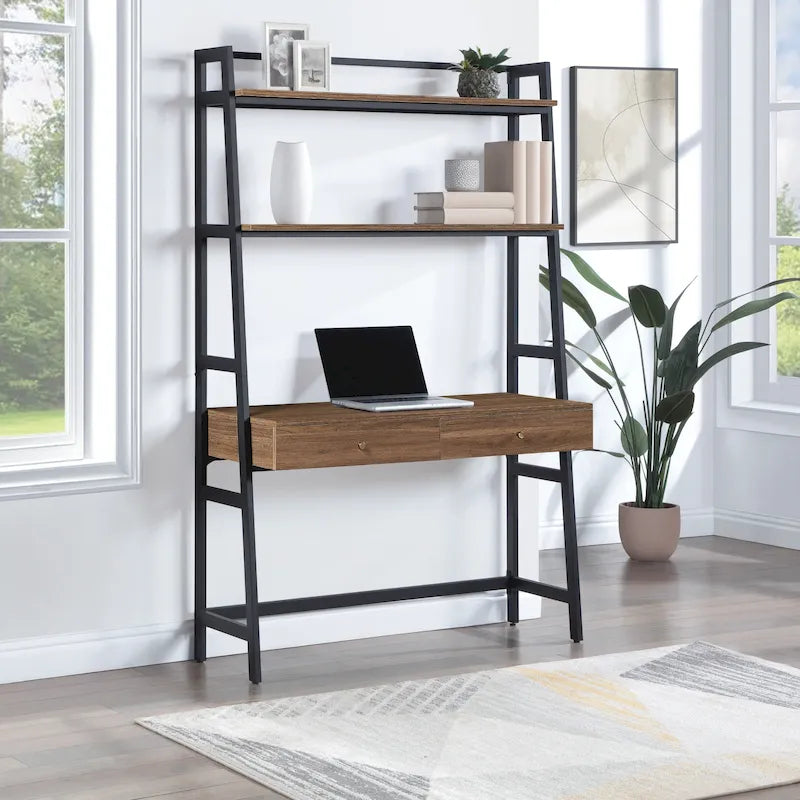 Scrivania a Scala in Noce e Nera da 45" con Ripiani – 1 Persona