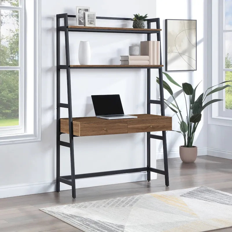 Scrivania a Scala in Noce e Nera da 45" con Ripiani – 1 Persona