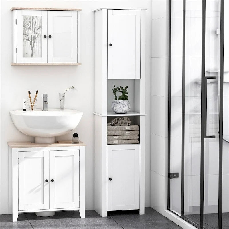 Mobiletto da Bagno Indipendente Bianco con Scaffale a 2 Livelli e 2 Ante, Montaggio da 1 Persona