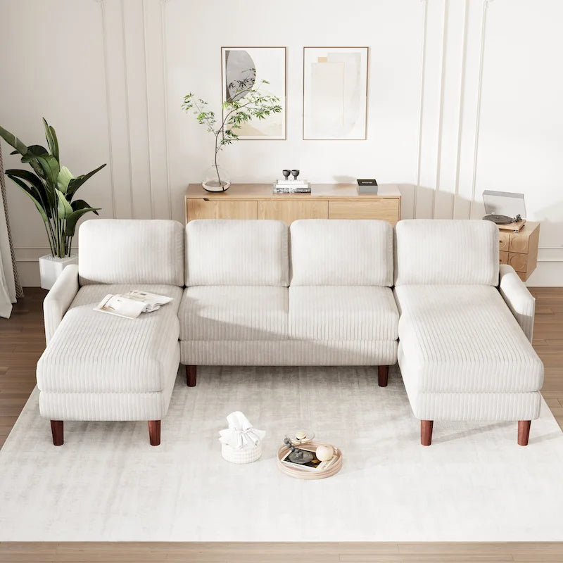 Divano componibile in velluto a coste a U beige/grigio, 4 posti