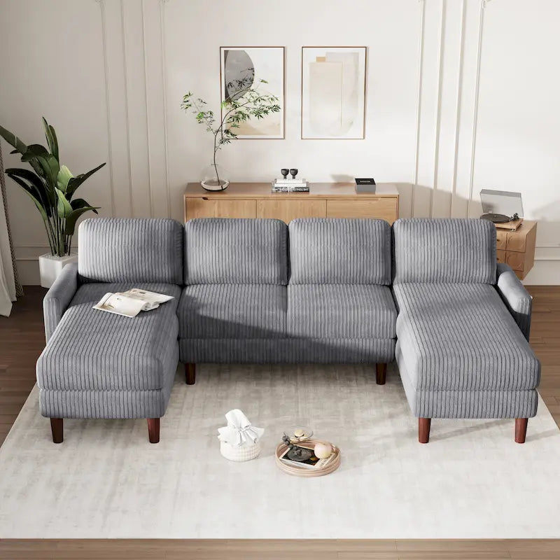 Divano componibile in velluto a coste a U beige/grigio, 4 posti