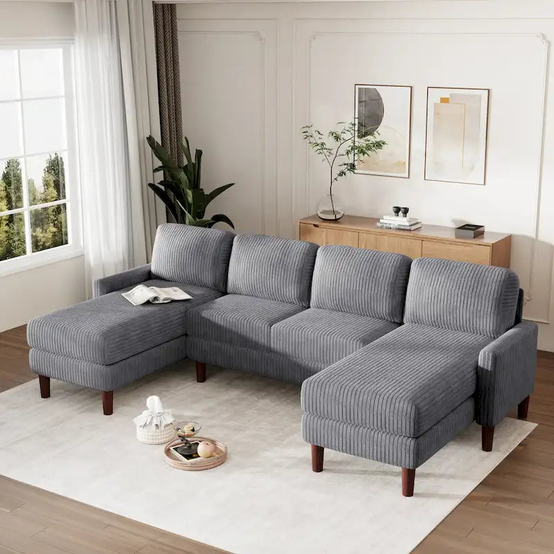 Divano componibile in velluto a coste a U beige/grigio, 4 posti