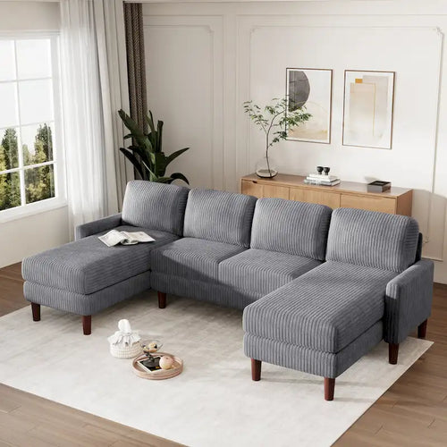 Divano componibile in velluto a coste a U beige/grigio, 4 posti