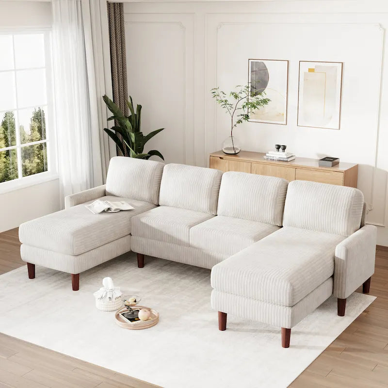 Divano componibile in velluto a coste a U beige/grigio, 4 posti