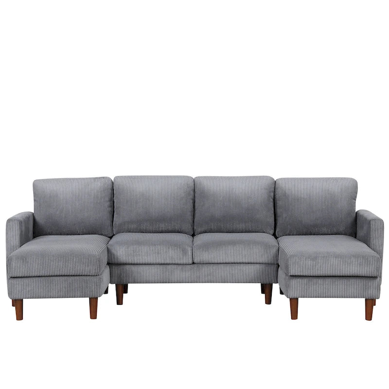 Divano componibile in velluto a coste a U beige/grigio, 4 posti
