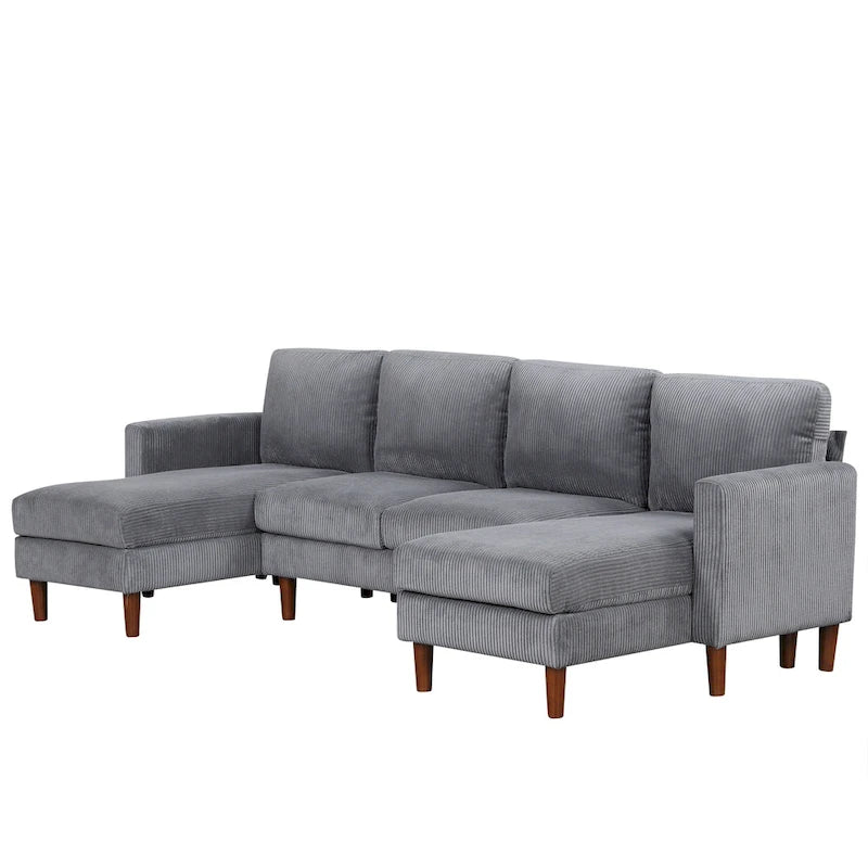 Divano componibile in velluto a coste a U beige/grigio, 4 posti