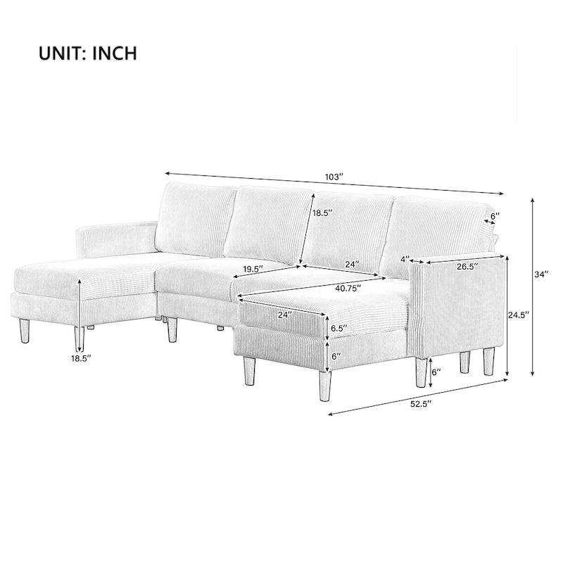 Divano componibile in velluto a coste a U beige/grigio, 4 posti
