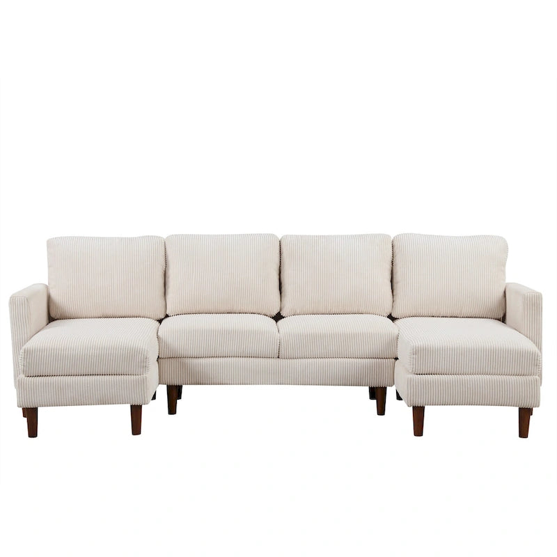 Divano componibile in velluto a coste a U beige/grigio, 4 posti