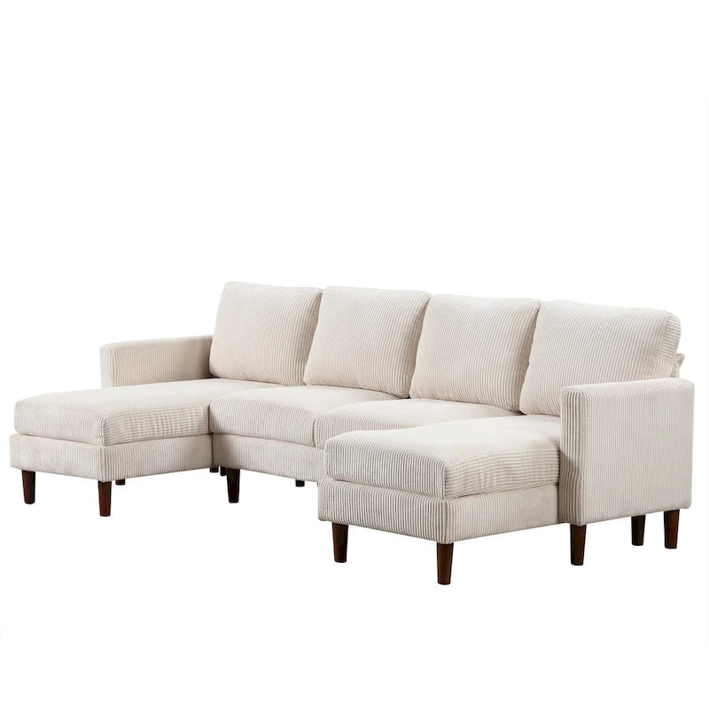 Divano componibile in velluto a coste a U beige/grigio, 4 posti