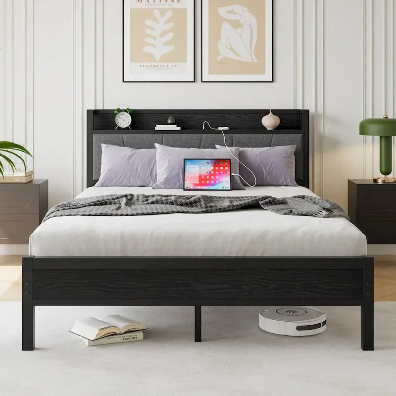 Letto a piattaforma grigio con testiera contenitore e stazione di ricarica, singolo/matrimoniale/queen, 1-2 persone