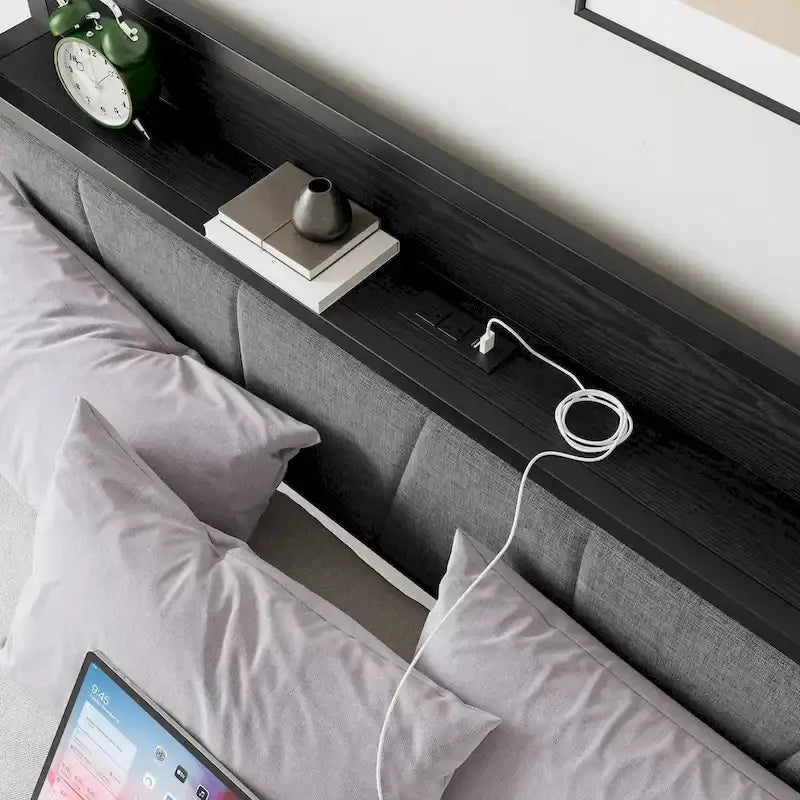 Letto a piattaforma grigio con testiera contenitore e stazione di ricarica, singolo/matrimoniale/queen, 1-2 persone