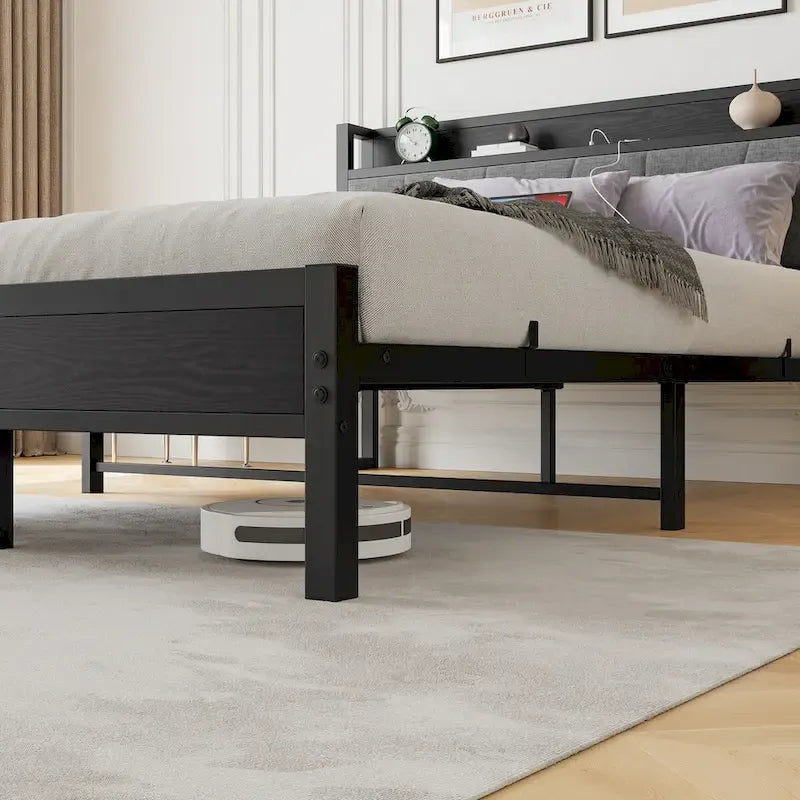 Letto a piattaforma grigio con testiera contenitore e stazione di ricarica, singolo/matrimoniale/queen, 1-2 persone