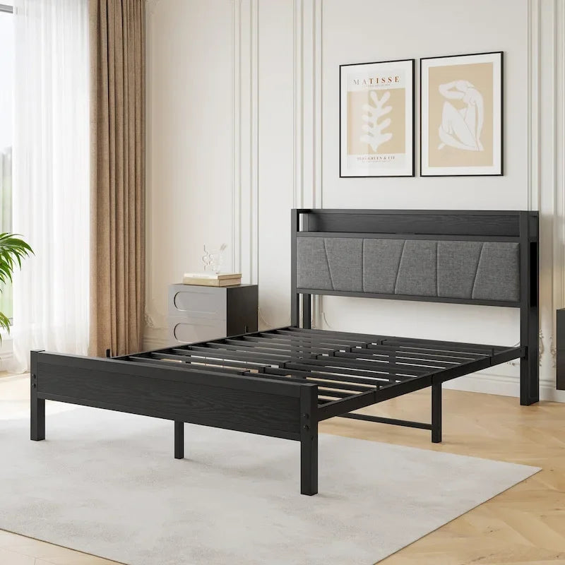 Letto a piattaforma grigio con testiera contenitore e stazione di ricarica, singolo/matrimoniale/queen, 1-2 persone