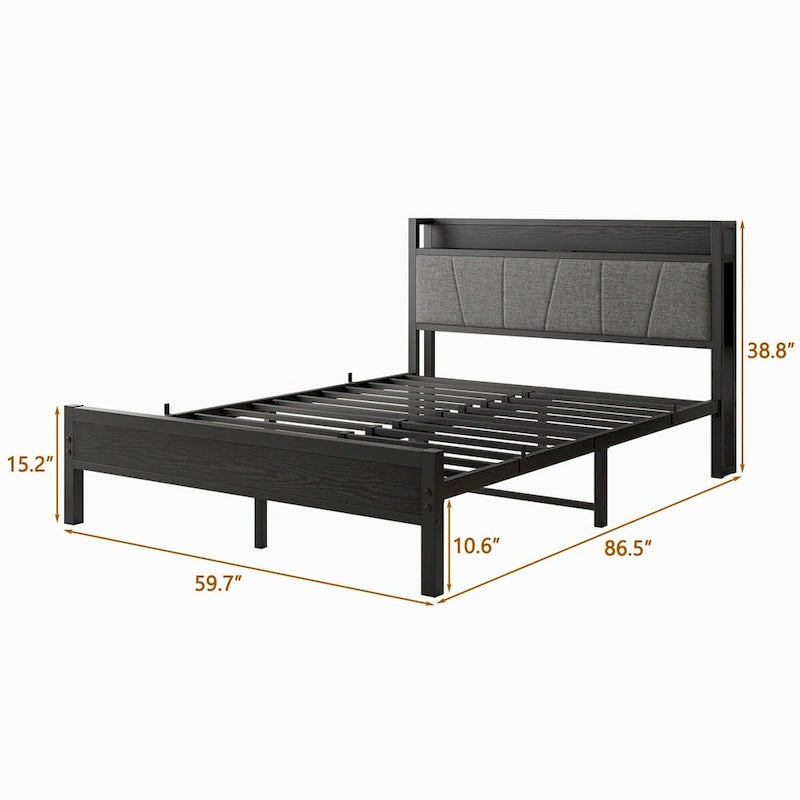 Letto a piattaforma grigio con testiera contenitore e stazione di ricarica, singolo/matrimoniale/queen, 1-2 persone