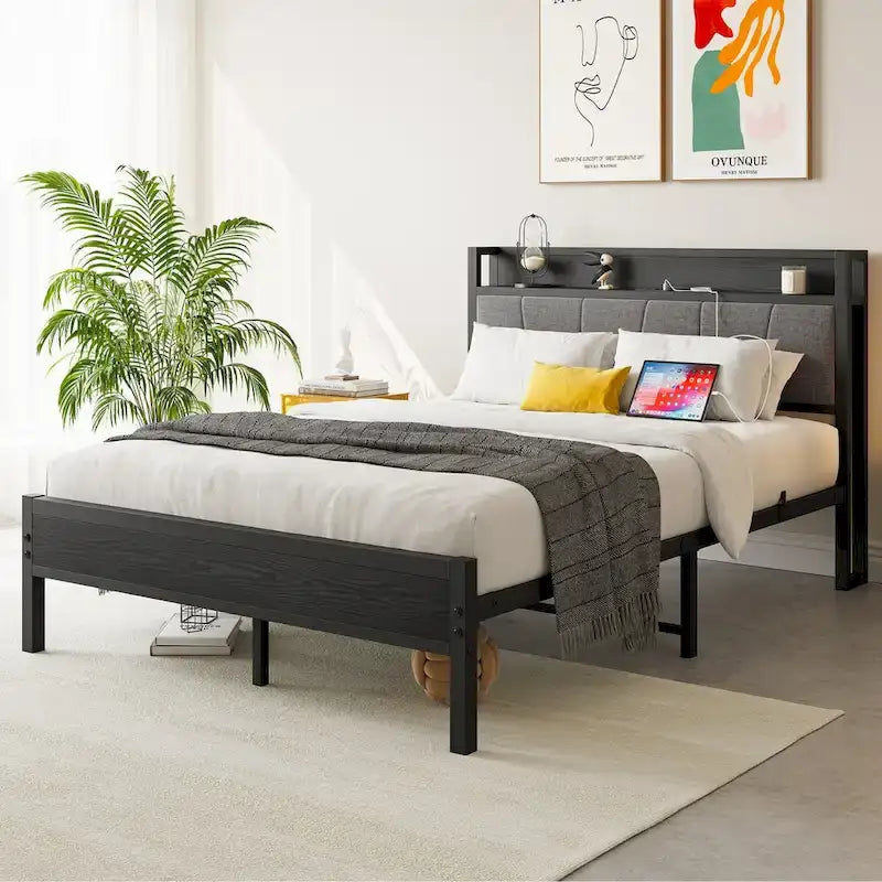 Letto a piattaforma grigio con testiera contenitore e stazione di ricarica, singolo/matrimoniale/queen, 1-2 persone