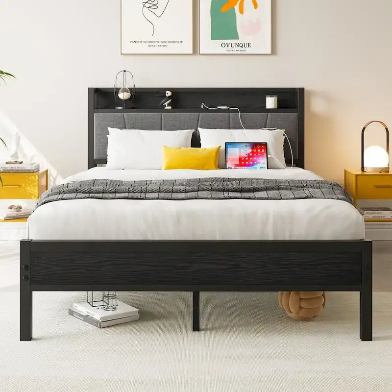 Letto a piattaforma grigio con testiera contenitore e stazione di ricarica, singolo/matrimoniale/queen, 1-2 persone