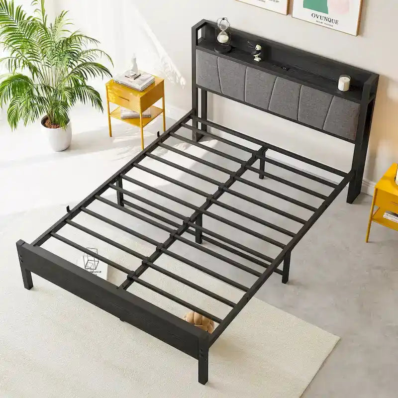Letto a piattaforma grigio con testiera contenitore e stazione di ricarica, singolo/matrimoniale/queen, 1-2 persone