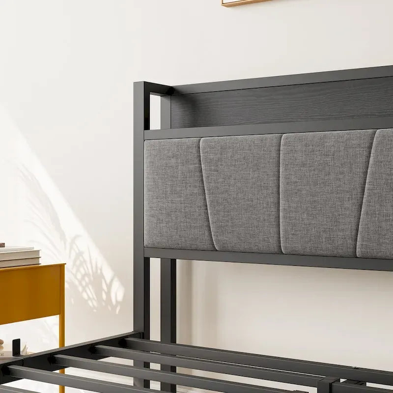 Letto a piattaforma grigio con testiera contenitore e stazione di ricarica, singolo/matrimoniale/queen, 1-2 persone