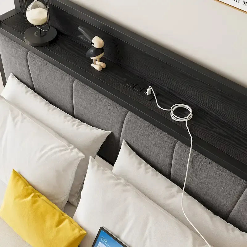 Letto a piattaforma grigio con testiera contenitore e stazione di ricarica, singolo/matrimoniale/queen, 1-2 persone