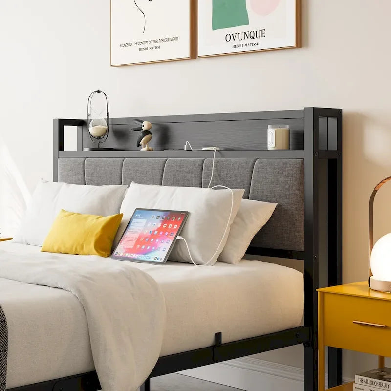Letto a piattaforma grigio con testiera contenitore e stazione di ricarica, singolo/matrimoniale/queen, 1-2 persone