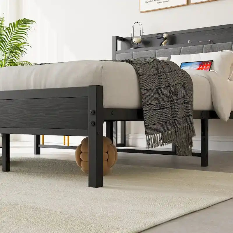 Letto a piattaforma grigio con testiera contenitore e stazione di ricarica, singolo/matrimoniale/queen, 1-2 persone