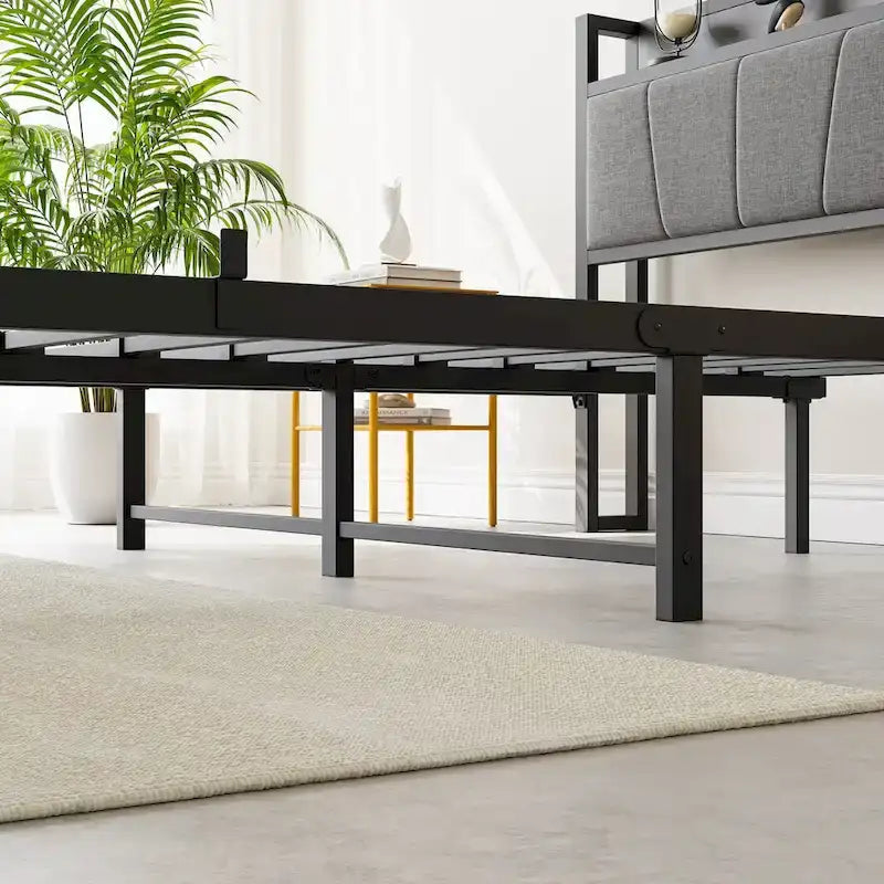 Letto a piattaforma grigio con testiera contenitore e stazione di ricarica, singolo/matrimoniale/queen, 1-2 persone