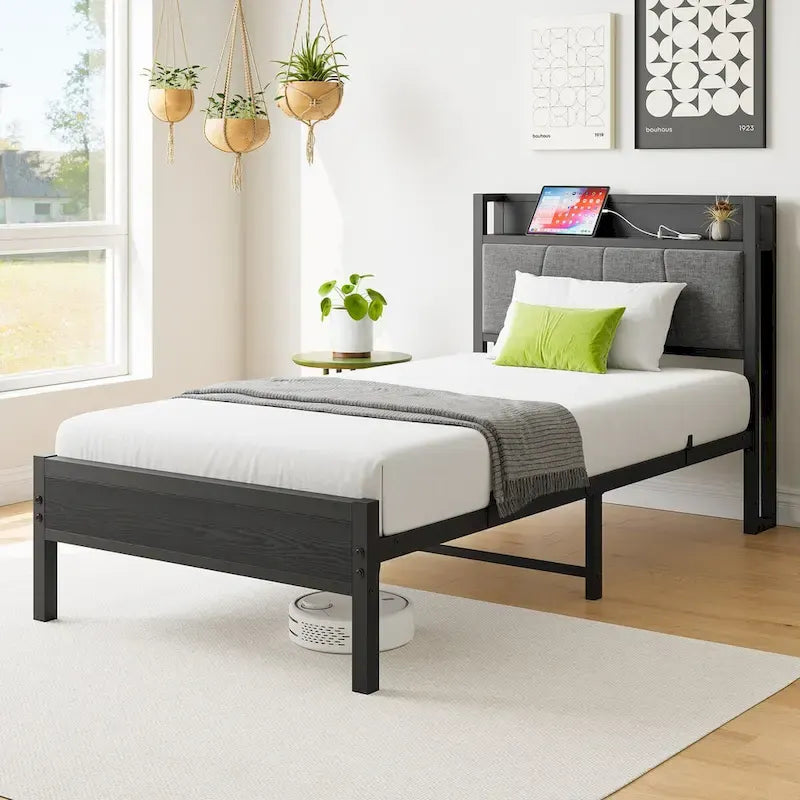 Letto a piattaforma grigio con testiera contenitore e stazione di ricarica, singolo/matrimoniale/queen, 1-2 persone