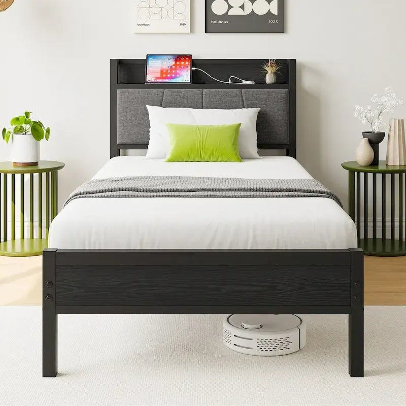 Letto a piattaforma grigio con testiera contenitore e stazione di ricarica, singolo/matrimoniale/queen, 1-2 persone