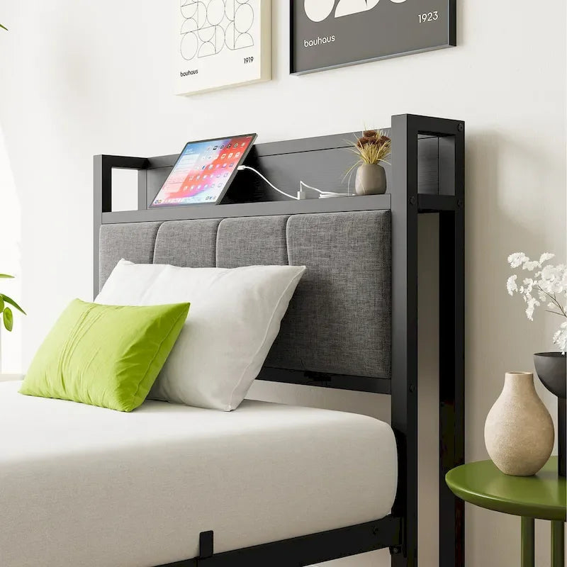 Letto a piattaforma grigio con testiera contenitore e stazione di ricarica, singolo/matrimoniale/queen, 1-2 persone