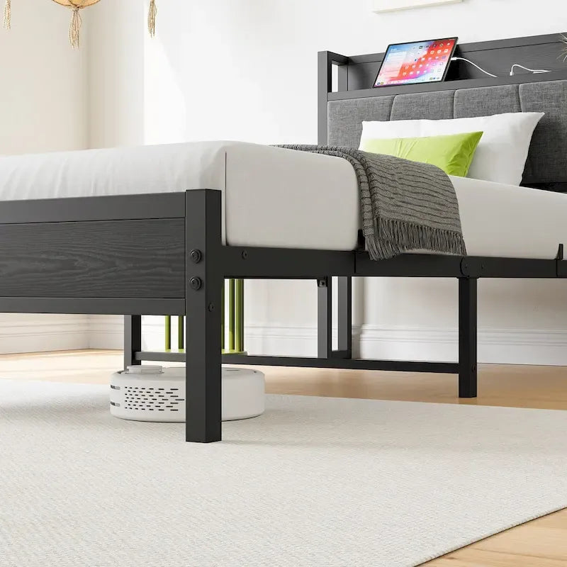 Letto a piattaforma grigio con testiera contenitore e stazione di ricarica, singolo/matrimoniale/queen, 1-2 persone