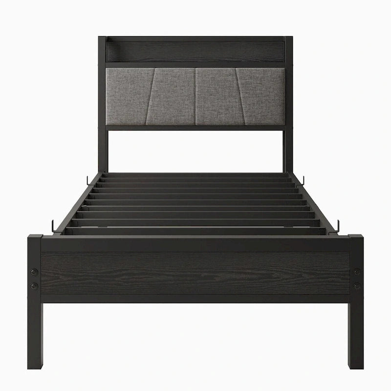 Letto a piattaforma grigio con testiera contenitore e stazione di ricarica, singolo/matrimoniale/queen, 1-2 persone
